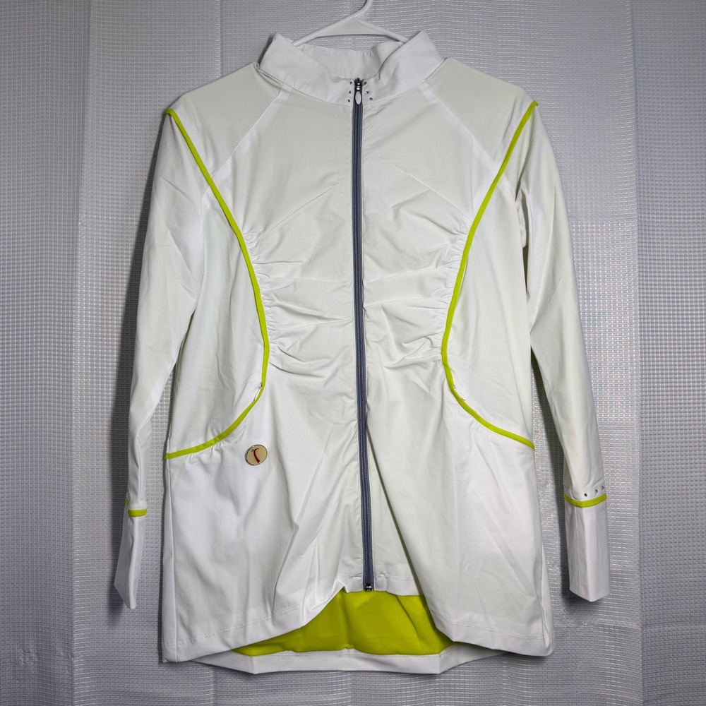 Swingdish‎ Golf Jacket M White Lime Green Ruched Peplum Full Zip J001-1